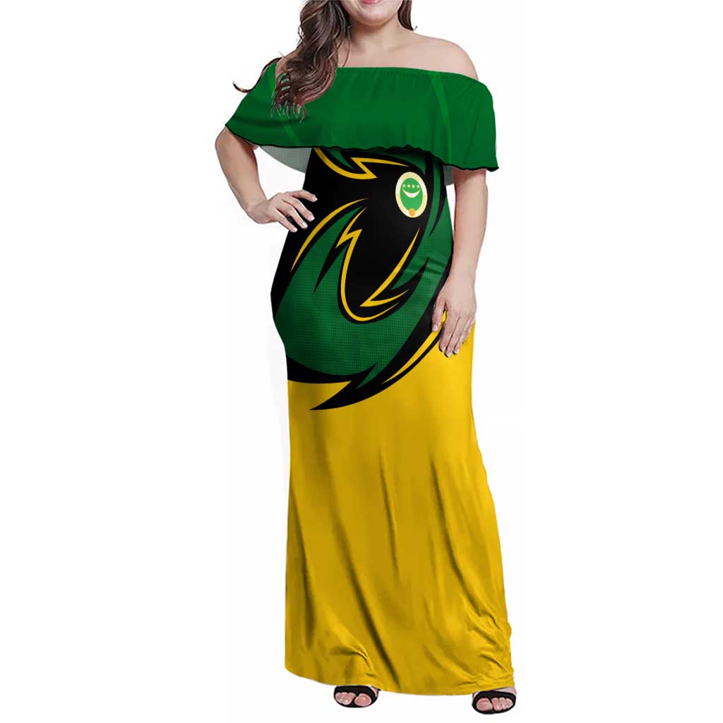Comoros Family Matching Off Shoulder Maxi Dress and Hawaiian Shirt with Green Black Yellow Swirl Design and National Emblem Pattern