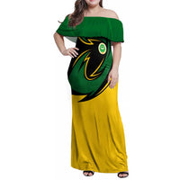 Comoros Family Matching Off Shoulder Maxi Dress and Hawaiian Shirt with Green Black Yellow Swirl Design and National Emblem Pattern