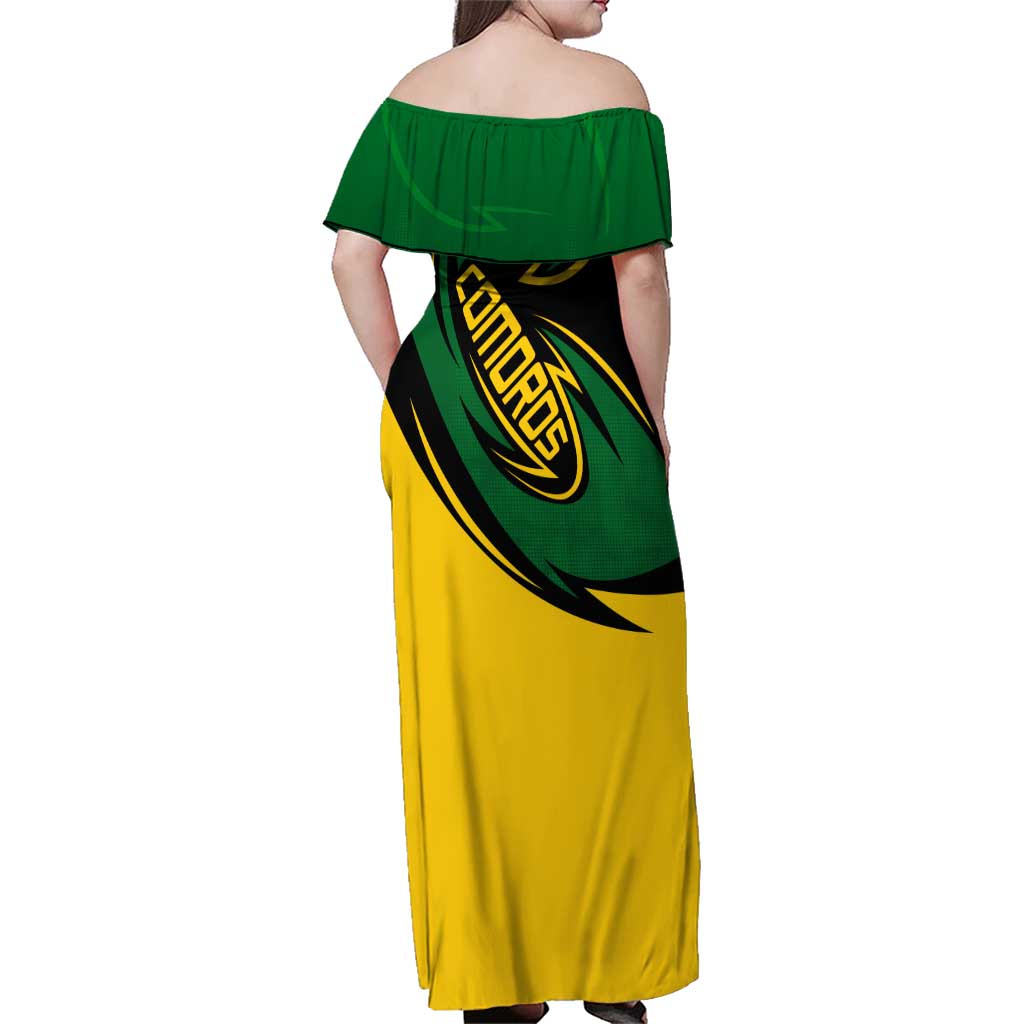 Comoros Family Matching Off Shoulder Maxi Dress and Hawaiian Shirt with Green Black Yellow Swirl Design and National Emblem Pattern