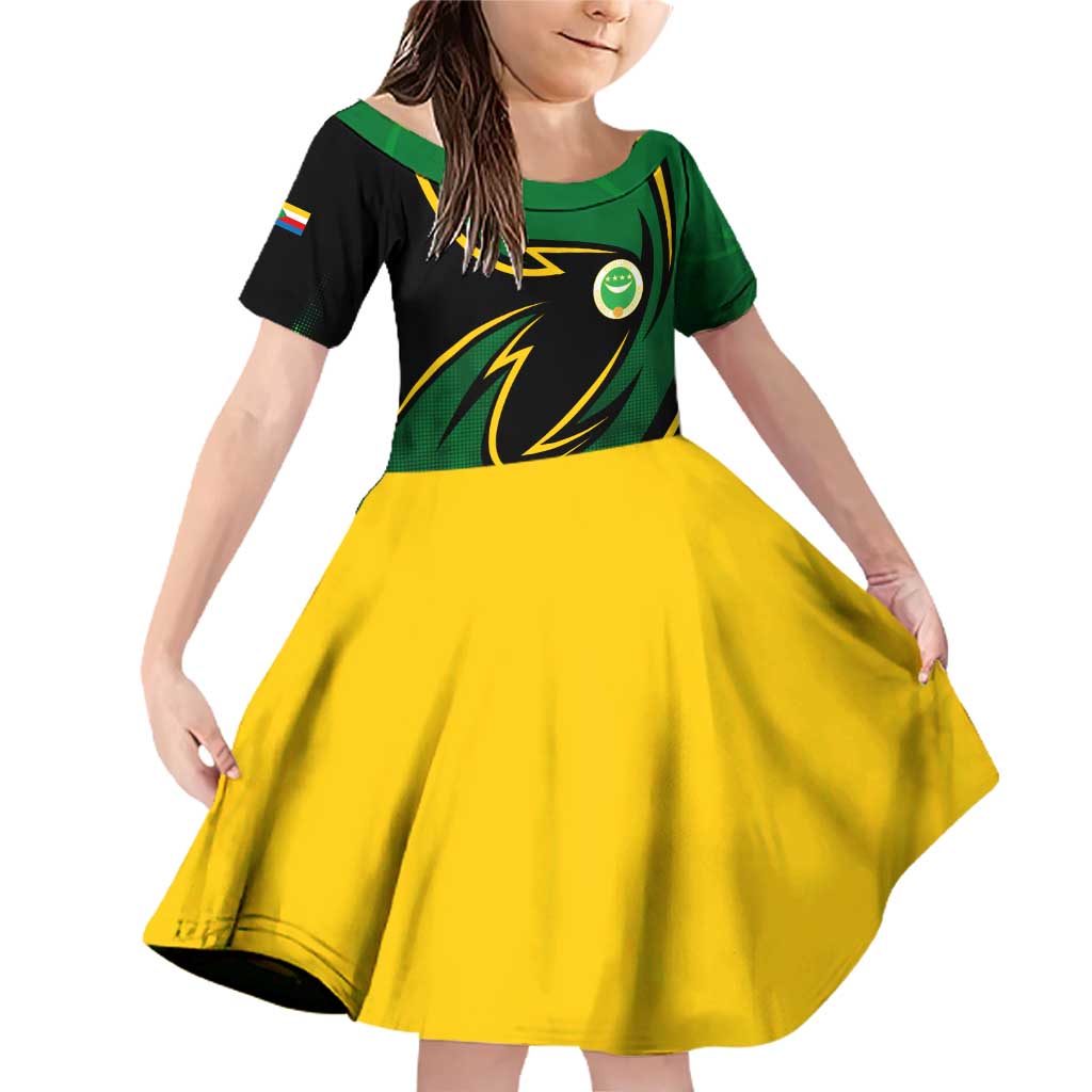 Comoros Family Matching Off Shoulder Short Dress and Hawaiian Shirt with Green Black Yellow Swirl Design and National Emblem Pattern