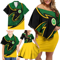 Comoros Family Matching Off Shoulder Short Dress and Hawaiian Shirt with Green Black Yellow Swirl Design and National Emblem Pattern