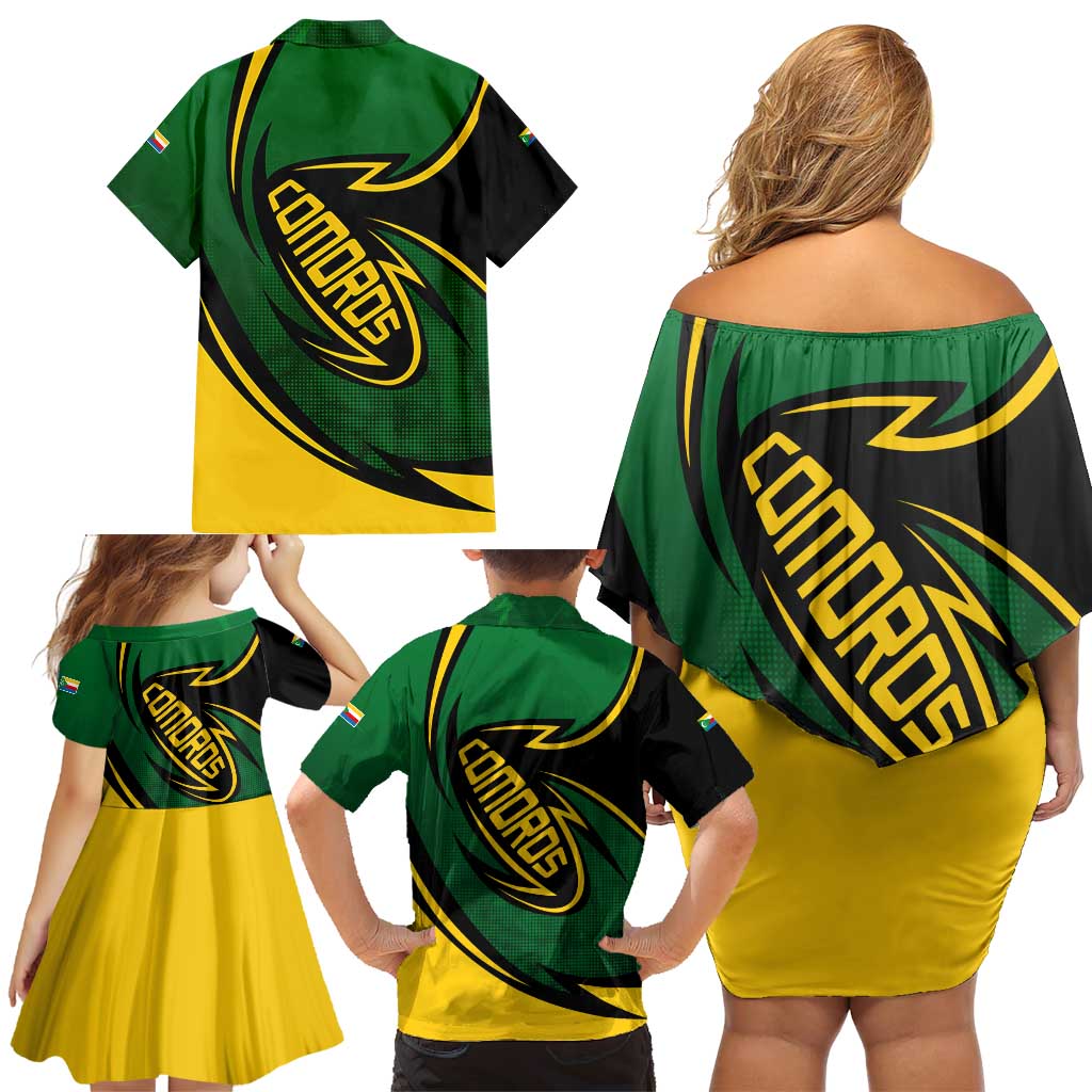 Comoros Family Matching Off Shoulder Short Dress and Hawaiian Shirt with Green Black Yellow Swirl Design and National Emblem Pattern