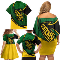 Comoros Family Matching Off Shoulder Short Dress and Hawaiian Shirt with Green Black Yellow Swirl Design and National Emblem Pattern