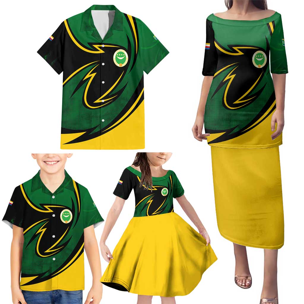 Comoros Family Matching Puletasi and Hawaiian Shirt with Green Black Yellow Swirl Design and National Emblem Pattern