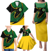 Comoros Family Matching Puletasi and Hawaiian Shirt with Green Black Yellow Swirl Design and National Emblem Pattern