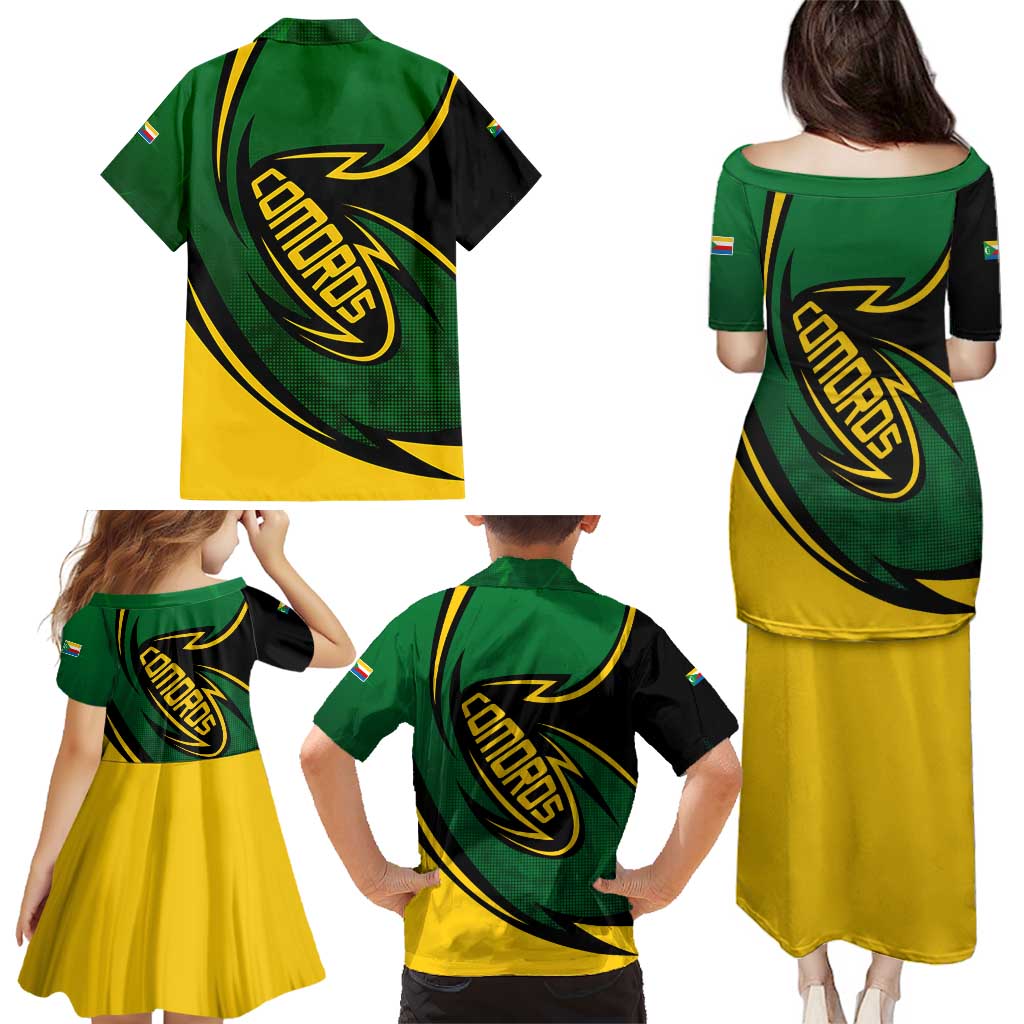Comoros Family Matching Puletasi and Hawaiian Shirt with Green Black Yellow Swirl Design and National Emblem Pattern