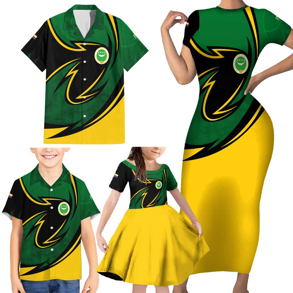 Comoros Family Matching Short Sleeve Bodycon Dress and Hawaiian Shirt with Green Black Yellow Swirl Design and National Emblem Pattern