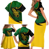 Comoros Family Matching Short Sleeve Bodycon Dress and Hawaiian Shirt with Green Black Yellow Swirl Design and National Emblem Pattern