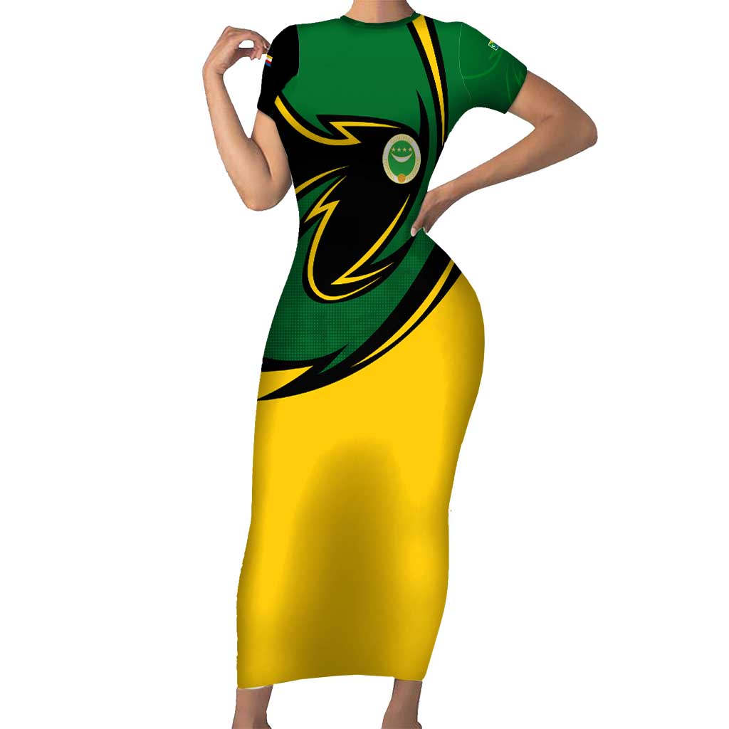 Comoros Family Matching Short Sleeve Bodycon Dress and Hawaiian Shirt with Green Black Yellow Swirl Design and National Emblem Pattern