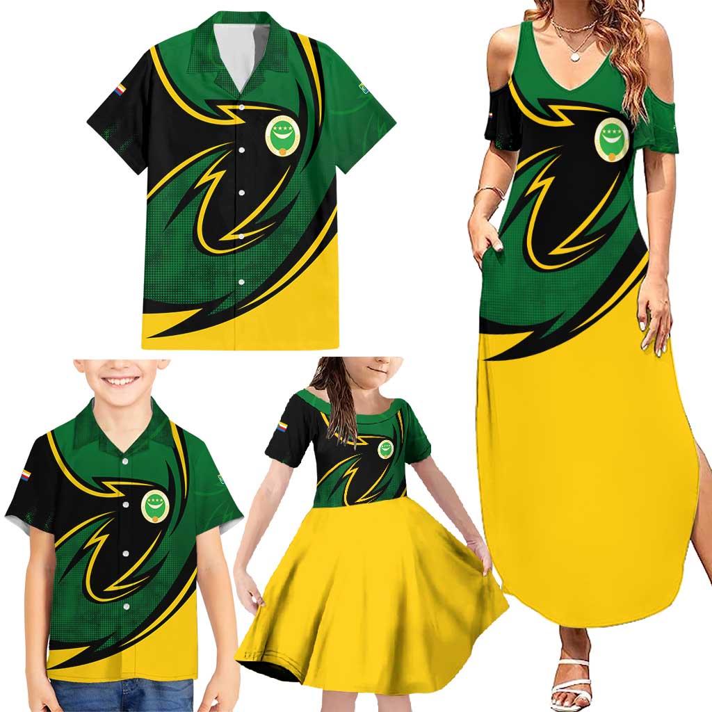 Comoros Family Matching Summer Maxi Dress and Hawaiian Shirt with Green Black Yellow Swirl Design and National Emblem Pattern