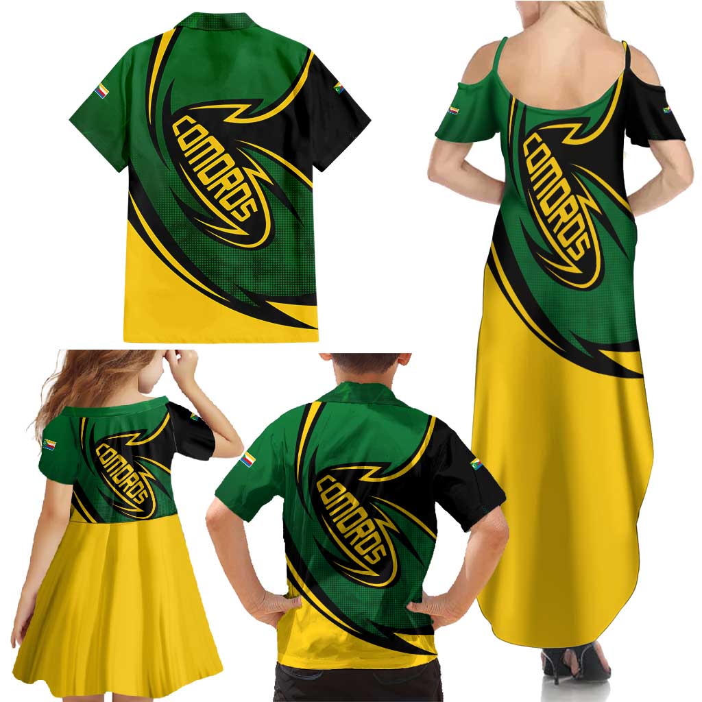 Comoros Family Matching Summer Maxi Dress and Hawaiian Shirt with Green Black Yellow Swirl Design and National Emblem Pattern