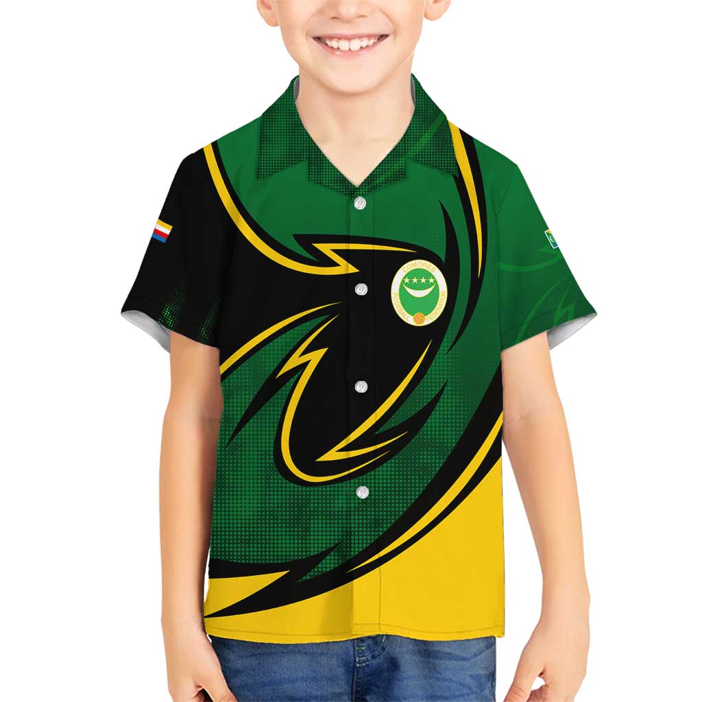 Comoros Family Matching Summer Maxi Dress and Hawaiian Shirt with Green Black Yellow Swirl Design and National Emblem Pattern