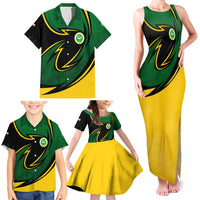 Comoros Family Matching Tank Maxi Dress and Hawaiian Shirt with Green Black Yellow Swirl Design and National Emblem Pattern