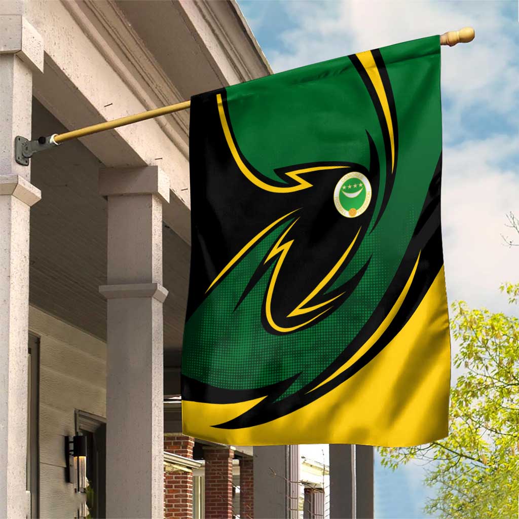 Comoros Garden Flag with Green Black Yellow Swirl Design and National Emblem Pattern