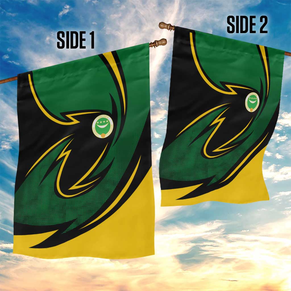 Comoros Garden Flag with Green Black Yellow Swirl Design and National Emblem Pattern