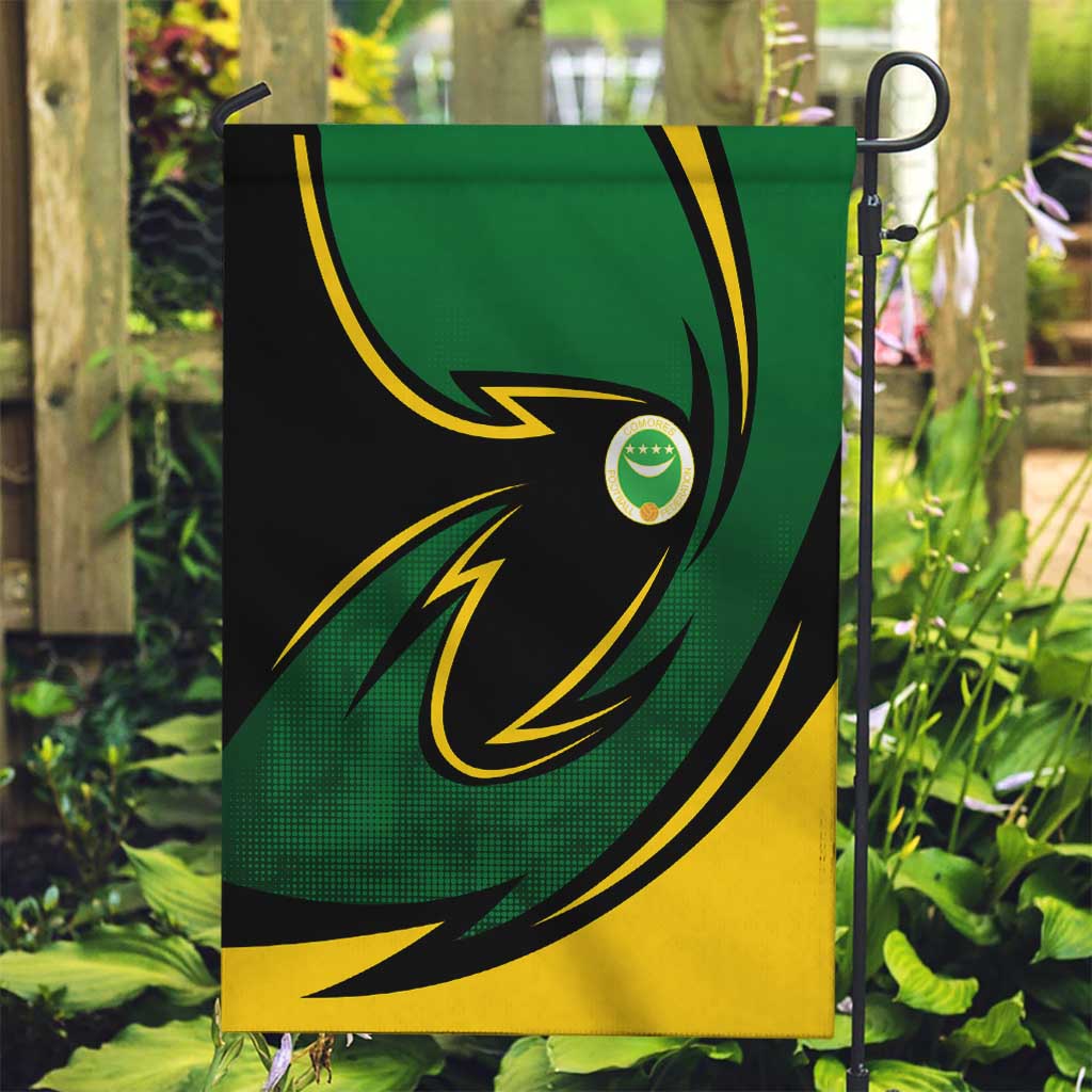 Comoros Garden Flag with Green Black Yellow Swirl Design and National Emblem Pattern