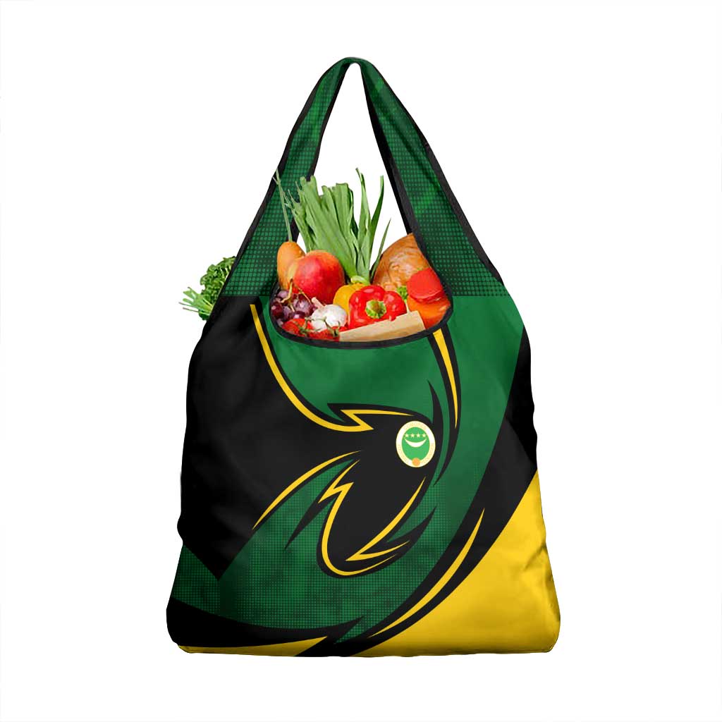 Comoros Grocery Bag with Green Black Yellow Swirl Design and National Emblem Pattern