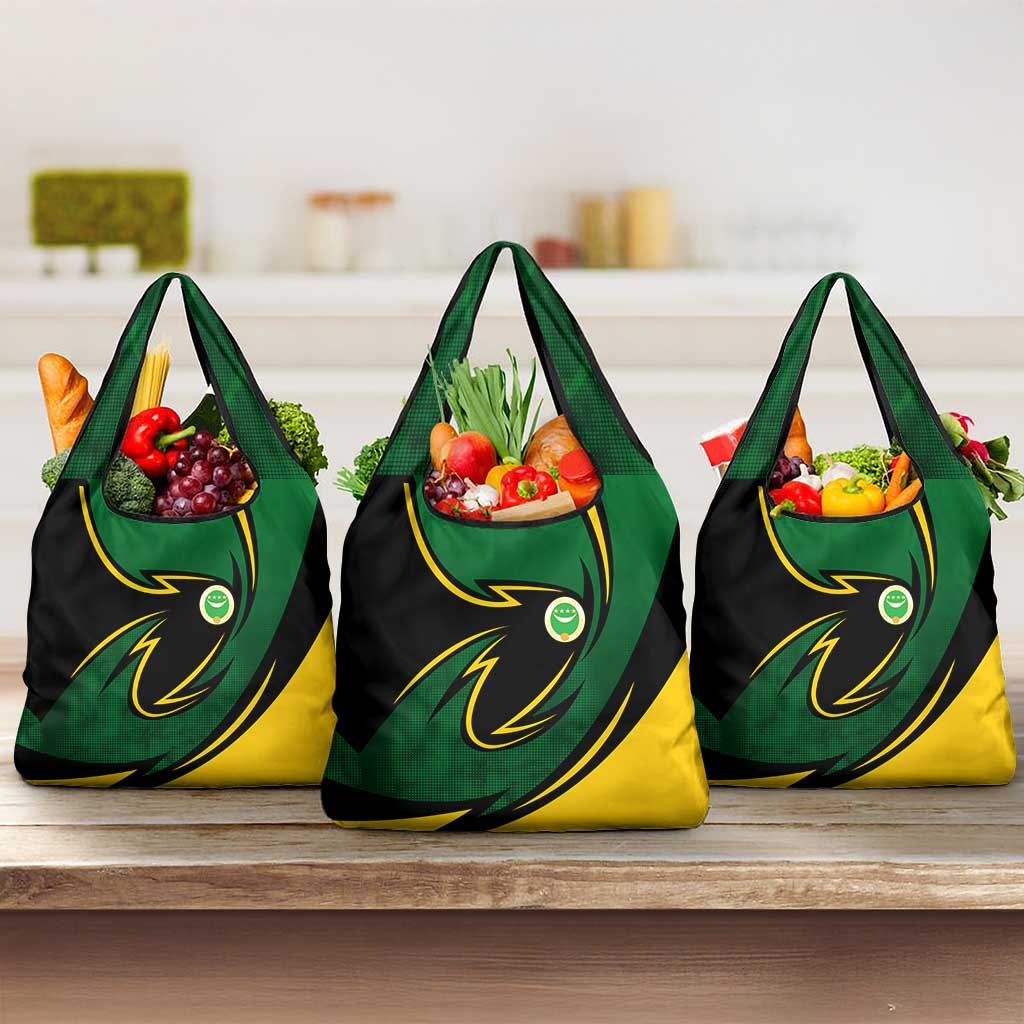 Comoros Grocery Bag with Green Black Yellow Swirl Design and National Emblem Pattern