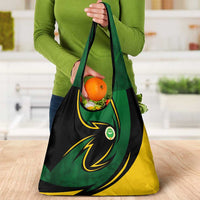 Comoros Grocery Bag with Green Black Yellow Swirl Design and National Emblem Pattern