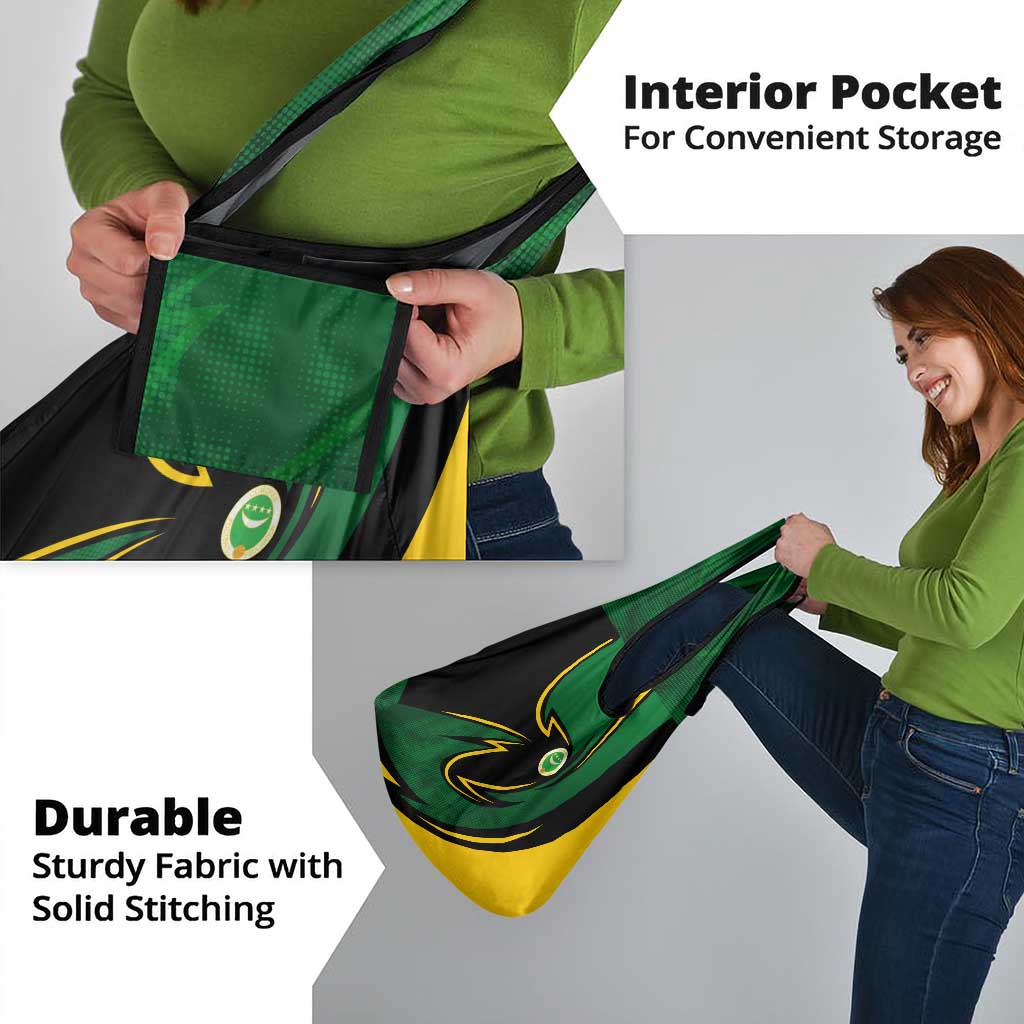 Comoros Grocery Bag with Green Black Yellow Swirl Design and National Emblem Pattern