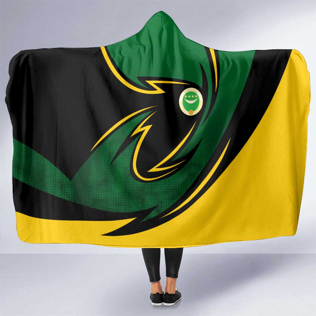 Comoros Hooded Blanket with Green Black Yellow Swirl Design and National Emblem Pattern