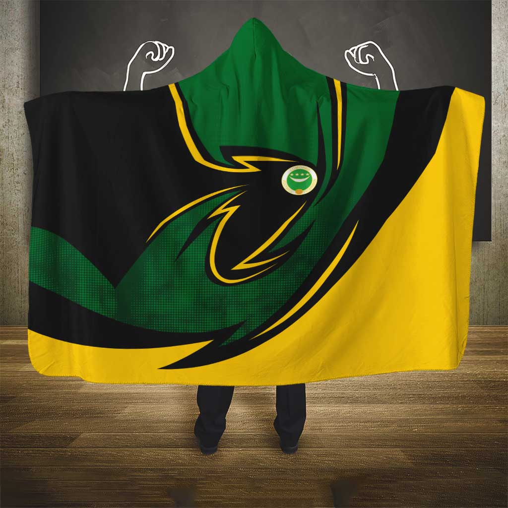 Comoros Hooded Blanket with Green Black Yellow Swirl Design and National Emblem Pattern