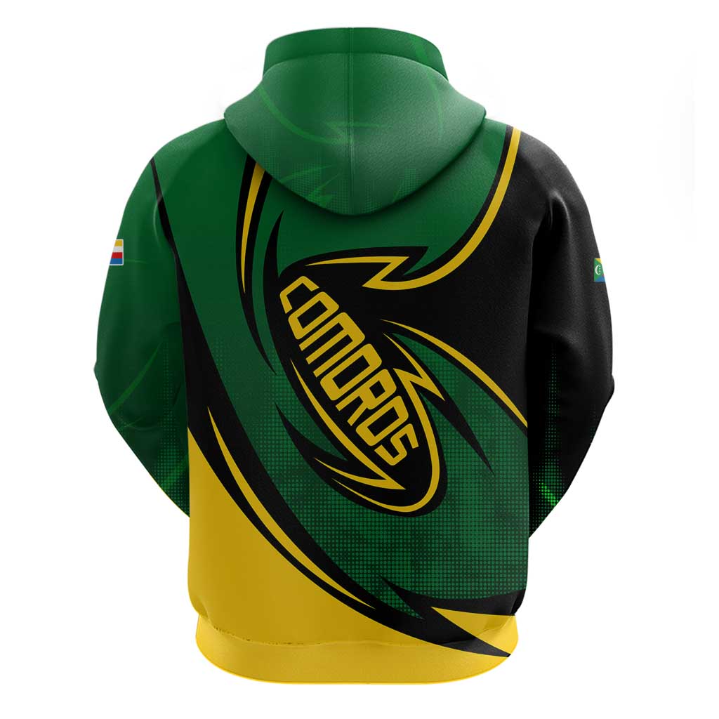 Comoros Hoodie with Green Black Yellow Swirl Design and National Emblem Pattern