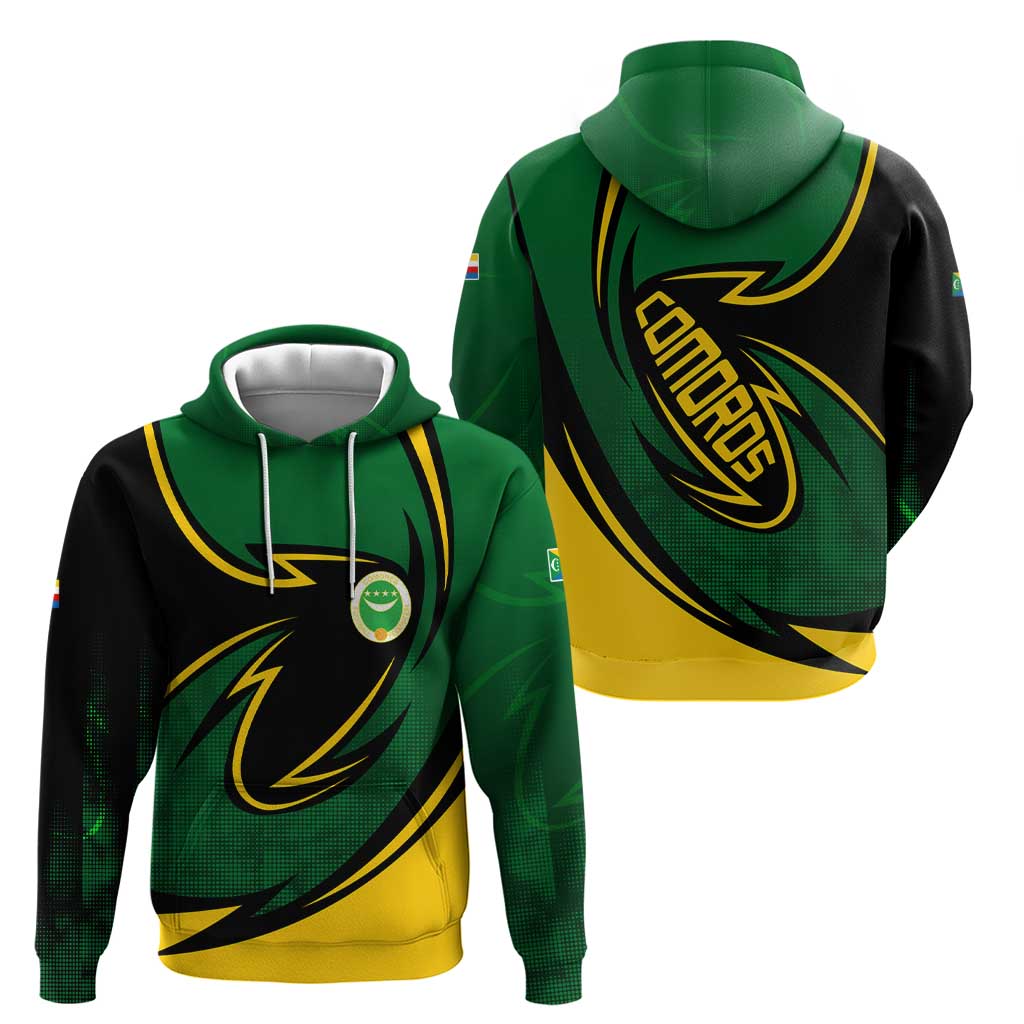 Comoros Hoodie with Green Black Yellow Swirl Design and National Emblem Pattern