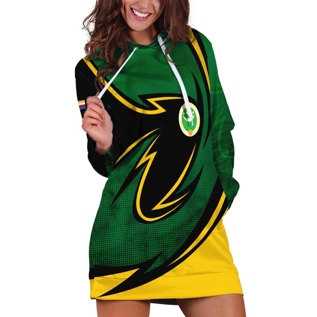 Comoros Hoodie Dress with Green Black Yellow Swirl Design and National Emblem Pattern