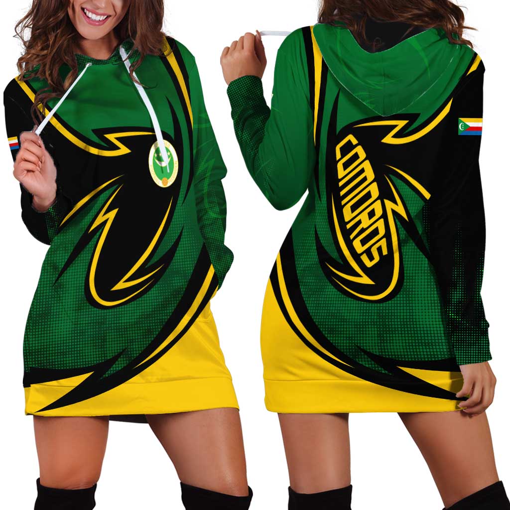 Comoros Hoodie Dress with Green Black Yellow Swirl Design and National Emblem Pattern