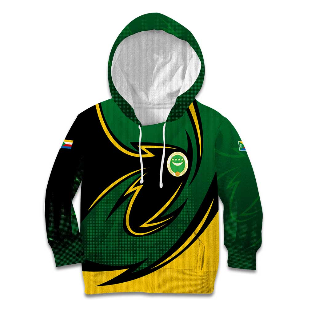 Comoros Kid Hoodie with Green Black Yellow Swirl Design and National Emblem Pattern