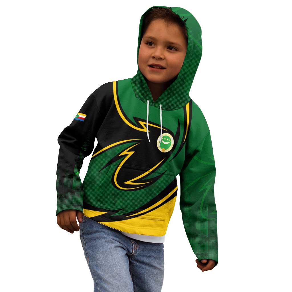 Comoros Kid Hoodie with Green Black Yellow Swirl Design and National Emblem Pattern