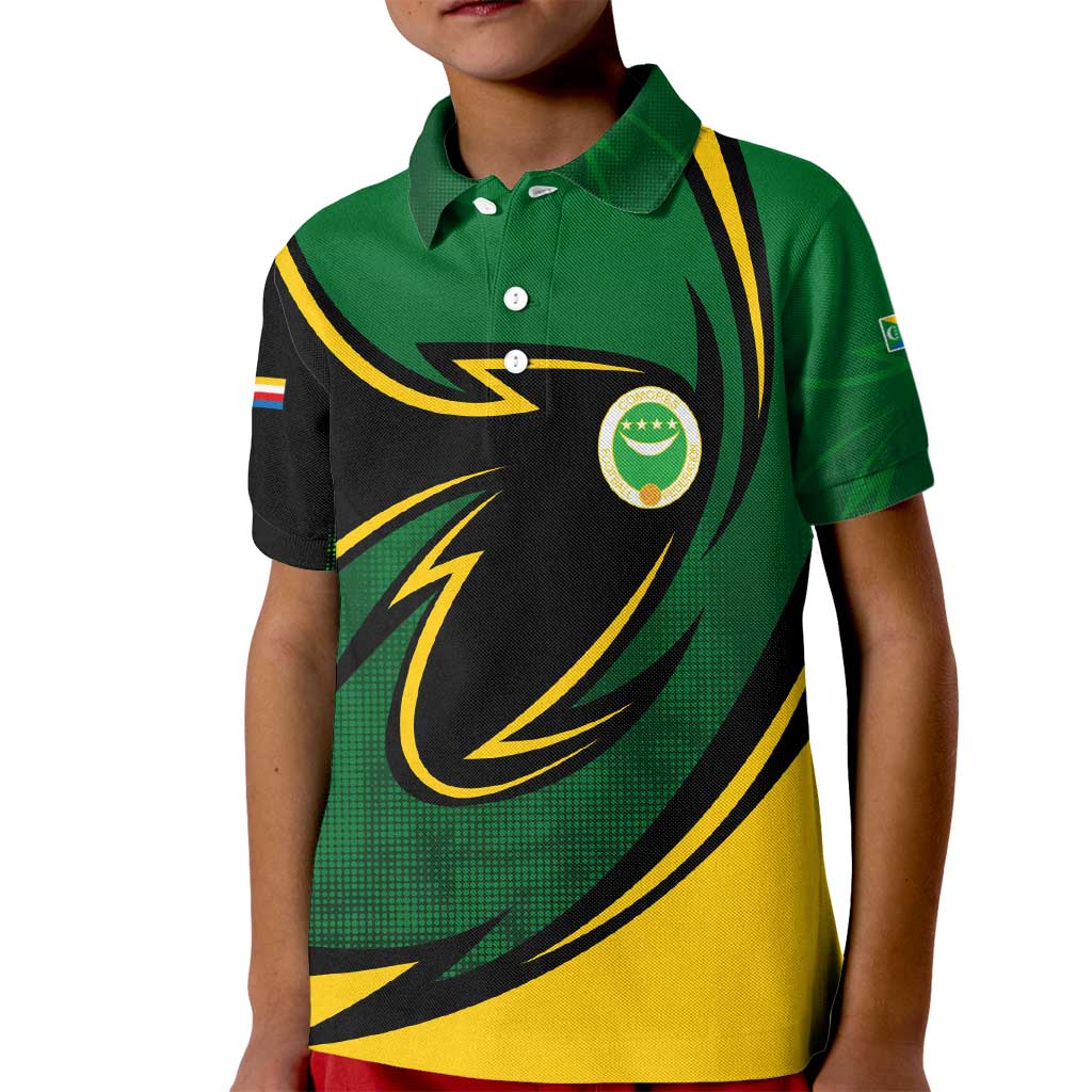 Comoros Kid Polo Shirt with Green Black Yellow Swirl Design and National Emblem Pattern