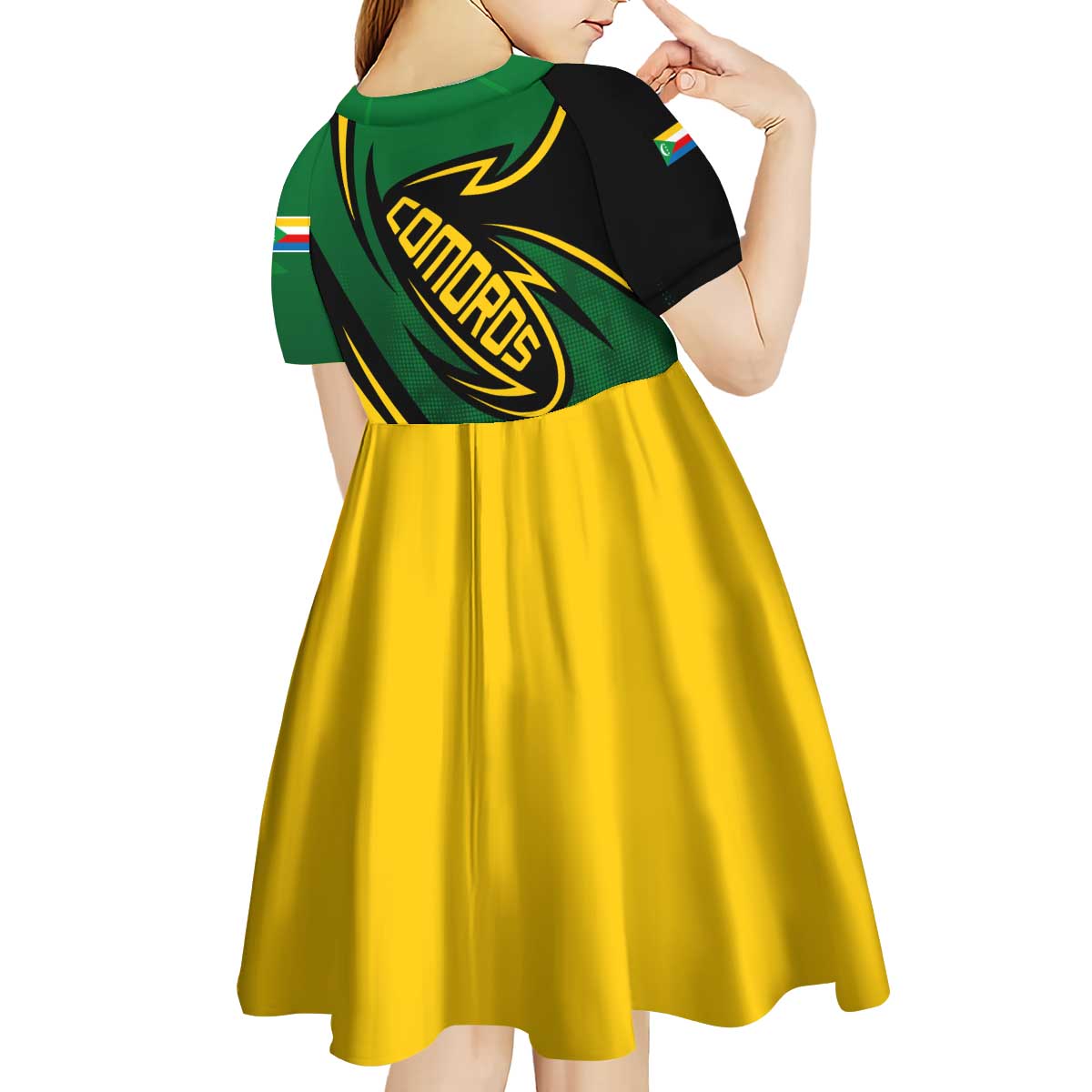 Comoros Kid Short Sleeve Dress with Green Black Yellow Swirl Design and National Emblem Pattern
