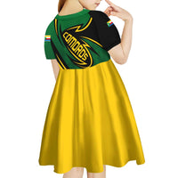 Comoros Kid Short Sleeve Dress with Green Black Yellow Swirl Design and National Emblem Pattern