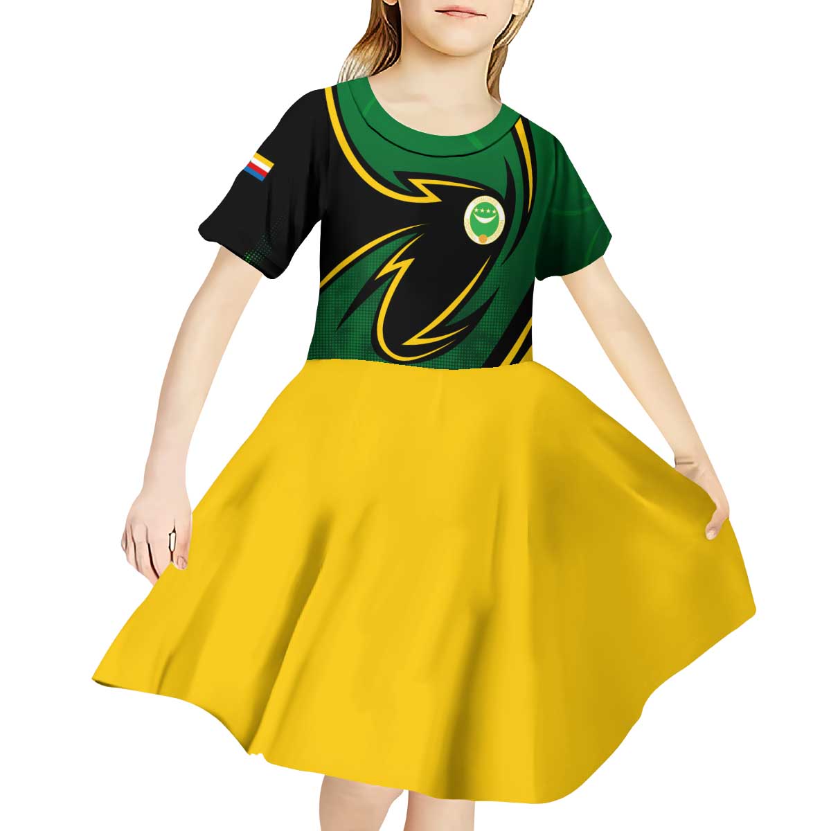 Comoros Kid Short Sleeve Dress with Green Black Yellow Swirl Design and National Emblem Pattern
