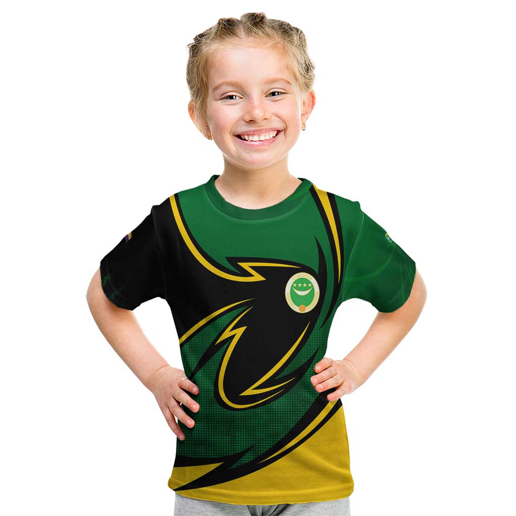 Comoros Kid T Shirt with Green Black Yellow Swirl Design and National Emblem Pattern