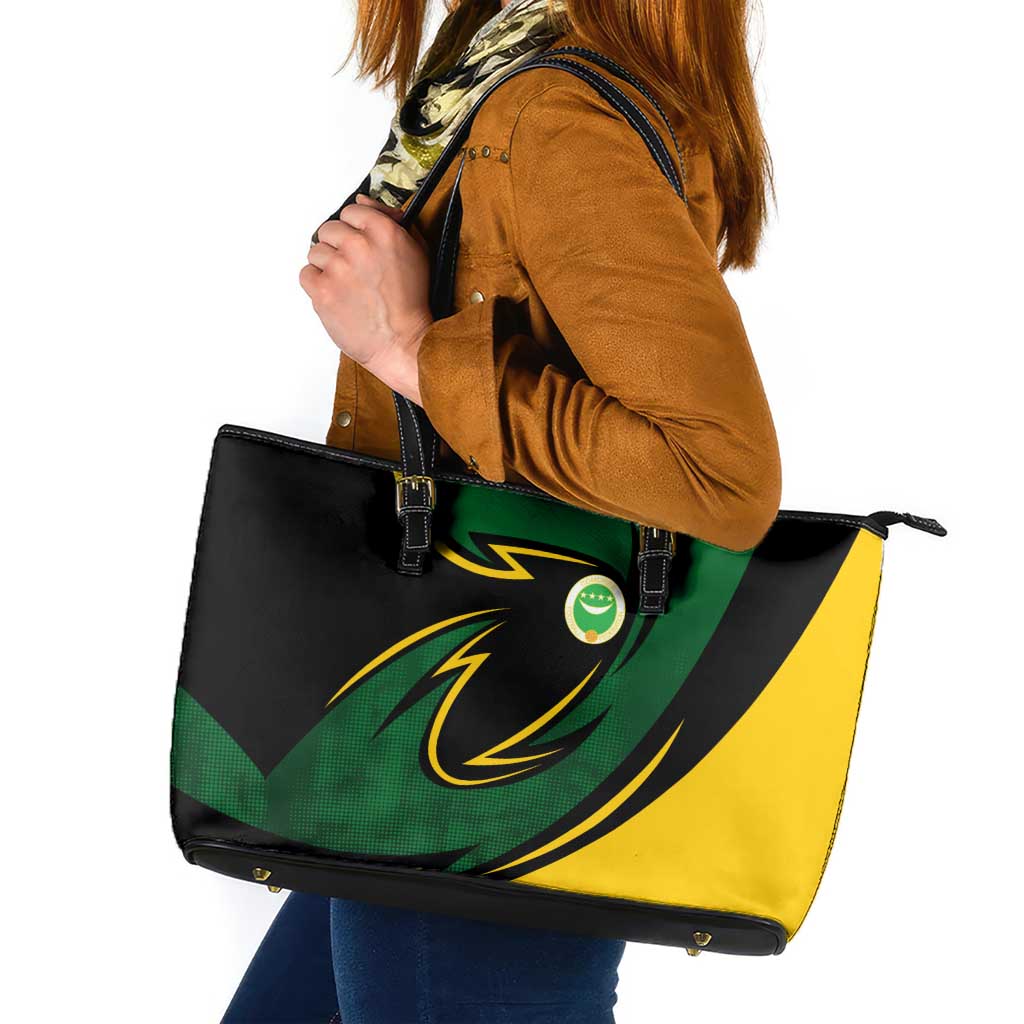 Comoros Leather Tote Bag with Green Black Yellow Swirl Design and National Emblem Pattern