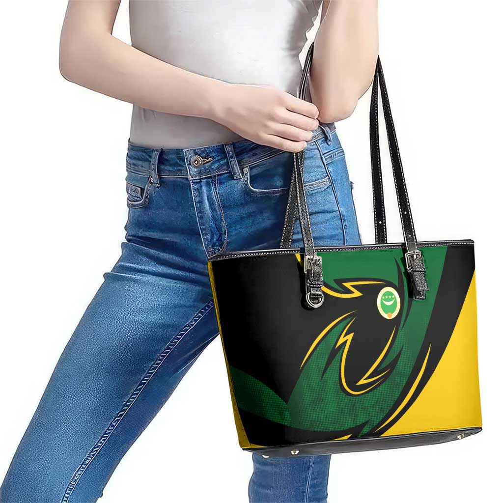 Comoros Leather Tote Bag with Green Black Yellow Swirl Design and National Emblem Pattern