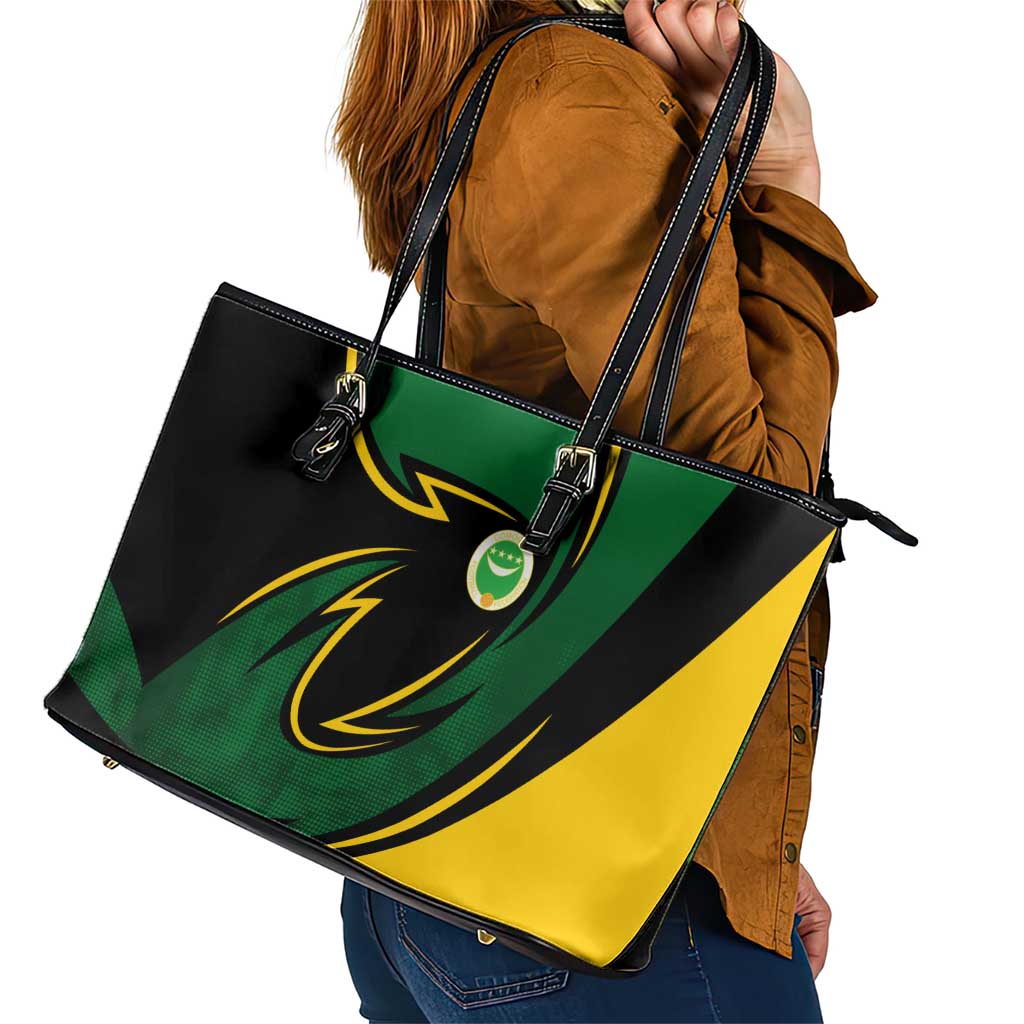 Comoros Leather Tote Bag with Green Black Yellow Swirl Design and National Emblem Pattern