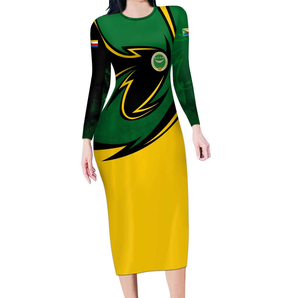 Comoros Long Sleeve Bodycon Dress with Green Black Yellow Swirl Design and National Emblem Pattern