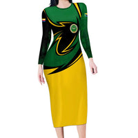 Comoros Long Sleeve Bodycon Dress with Green Black Yellow Swirl Design and National Emblem Pattern