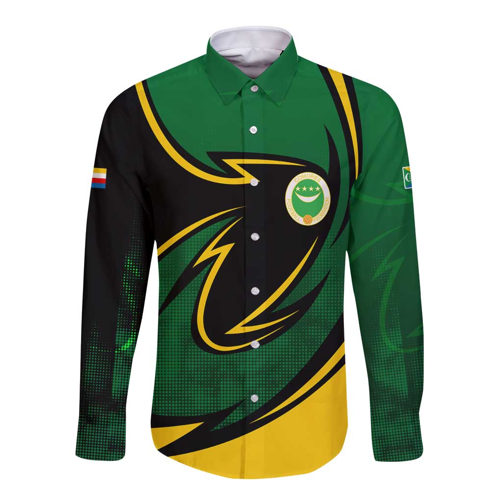 Comoros Long Sleeve Button Shirt with Green Black Yellow Swirl Design and National Emblem Pattern