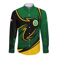 Comoros Long Sleeve Button Shirt with Green Black Yellow Swirl Design and National Emblem Pattern