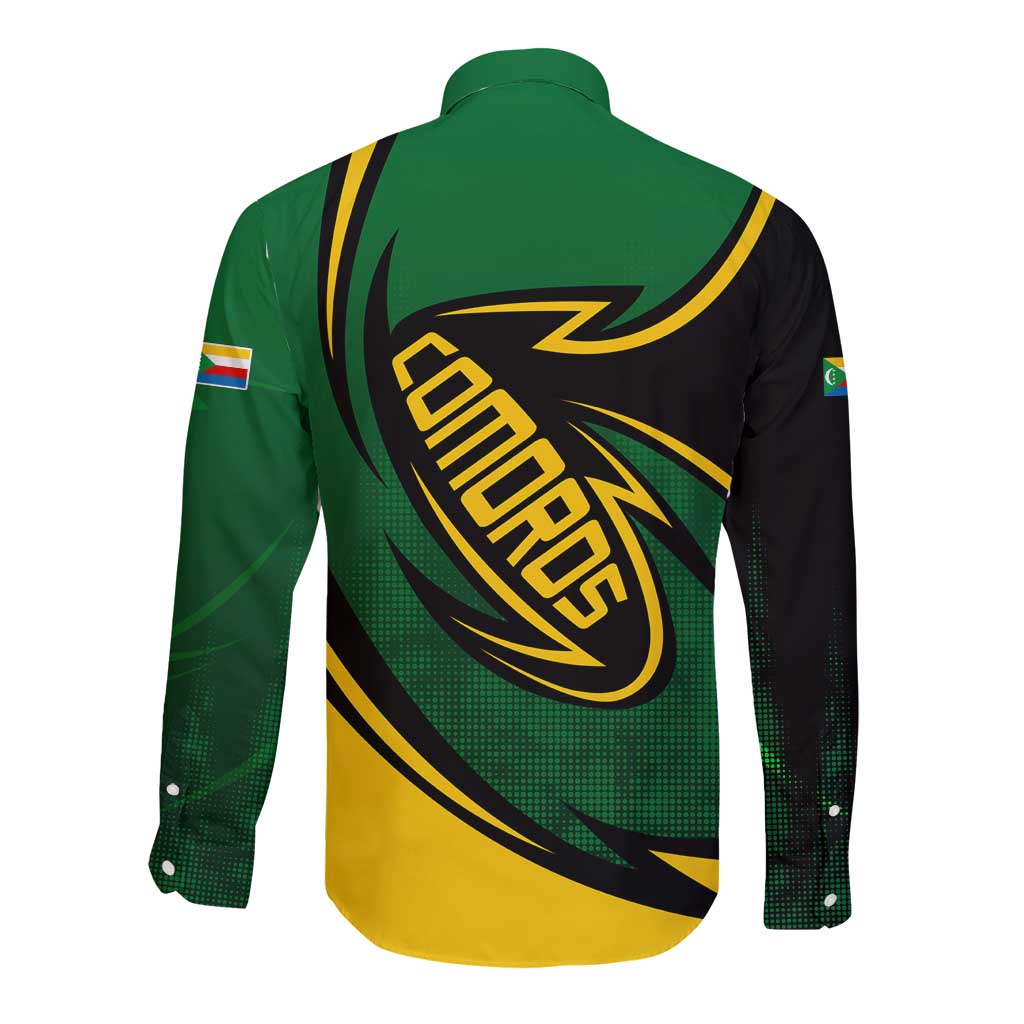 Comoros Long Sleeve Button Shirt with Green Black Yellow Swirl Design and National Emblem Pattern
