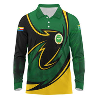 Comoros Long Sleeve Polo Shirt with Green Black Yellow Swirl Design and National Emblem Pattern