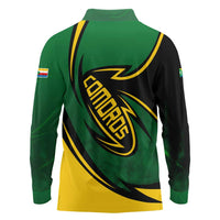 Comoros Long Sleeve Polo Shirt with Green Black Yellow Swirl Design and National Emblem Pattern