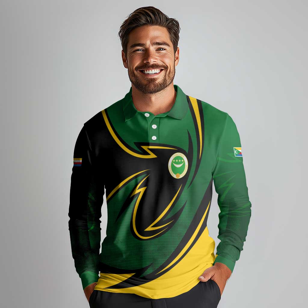 Comoros Long Sleeve Polo Shirt with Green Black Yellow Swirl Design and National Emblem Pattern