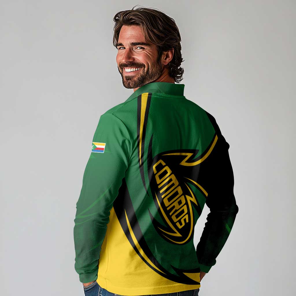 Comoros Long Sleeve Polo Shirt with Green Black Yellow Swirl Design and National Emblem Pattern