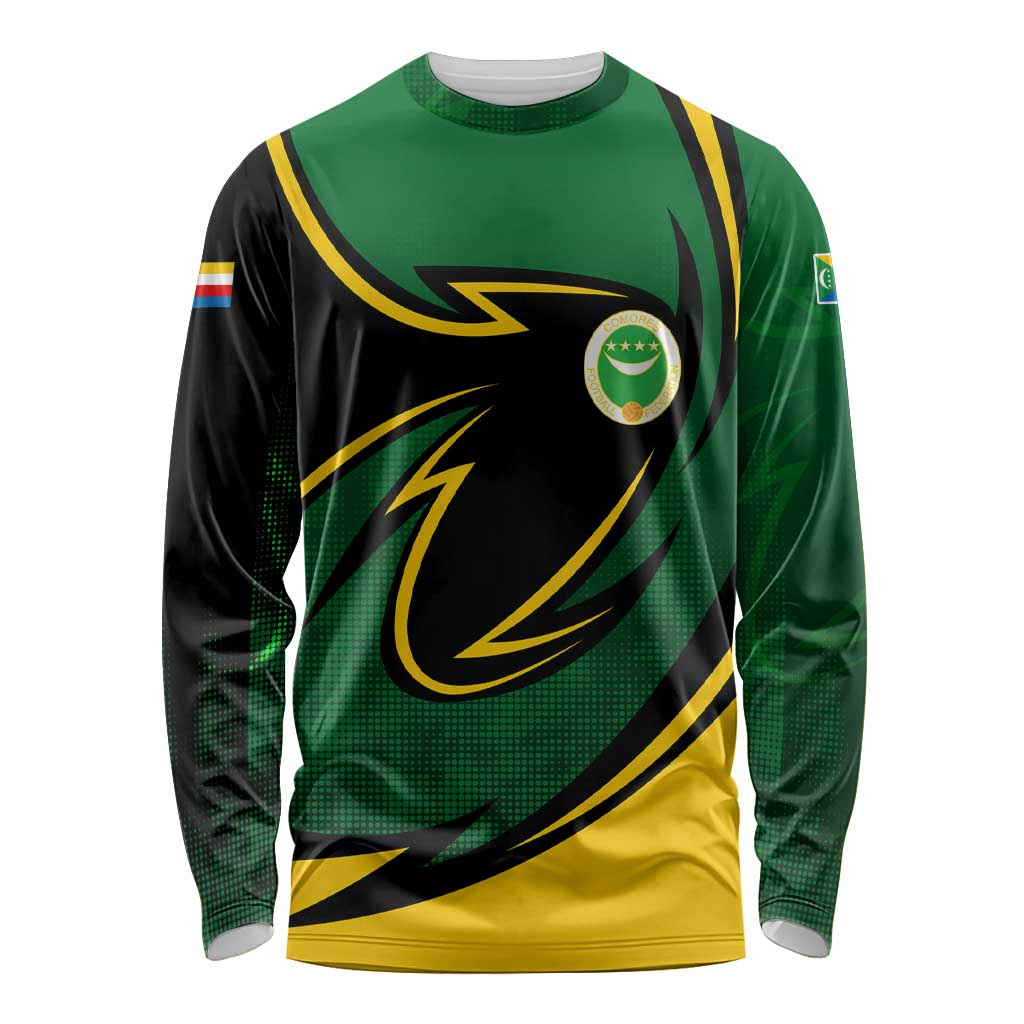 Comoros Long Sleeve Shirt with Green Black Yellow Swirl Design and National Emblem Pattern
